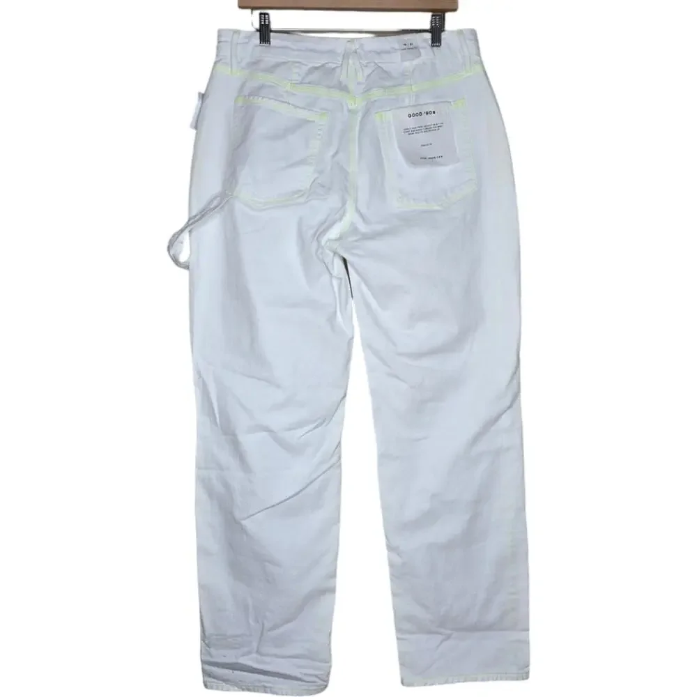 NWT Good American Good 90s Loose Fit‎ Carpenter Jeans White w/ Lime Stitching 12
